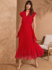 Love & Roses Red Lace Detail Pleated V-Neck Belted Midi Dress - Image 1 of 5