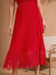 Love & Roses Red Lace Detail Pleated V-Neck Belted Midi Dress - Image 3 of 5