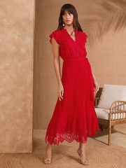 Love & Roses Red Lace Detail Pleated V-Neck Belted Midi Dress - Image 5 of 5