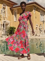 Love & Roses Pink Tropical One Shoulder Ruffle Midi Dress - Image 1 of 4