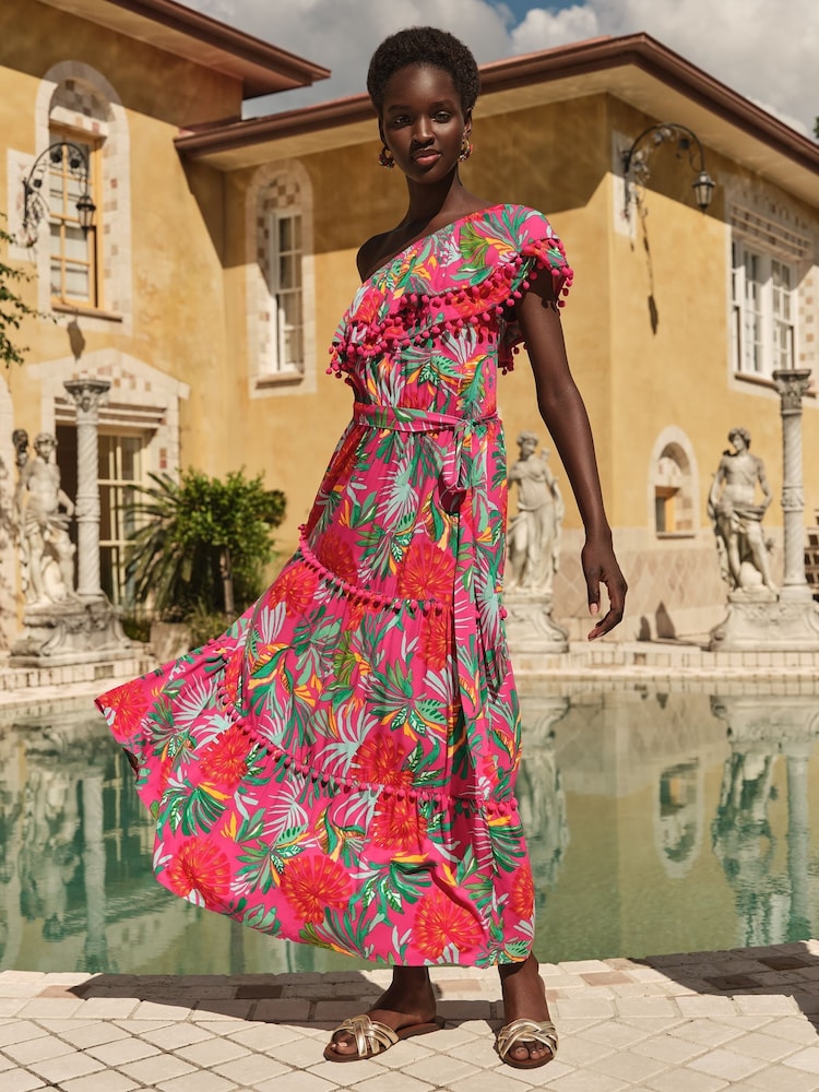 Love & Roses Pink Tropical One Shoulder Ruffle Midi Dress - Image 1 of 4