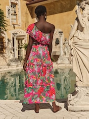 Love & Roses Pink Tropical One Shoulder Ruffle Midi Dress - Image 2 of 4
