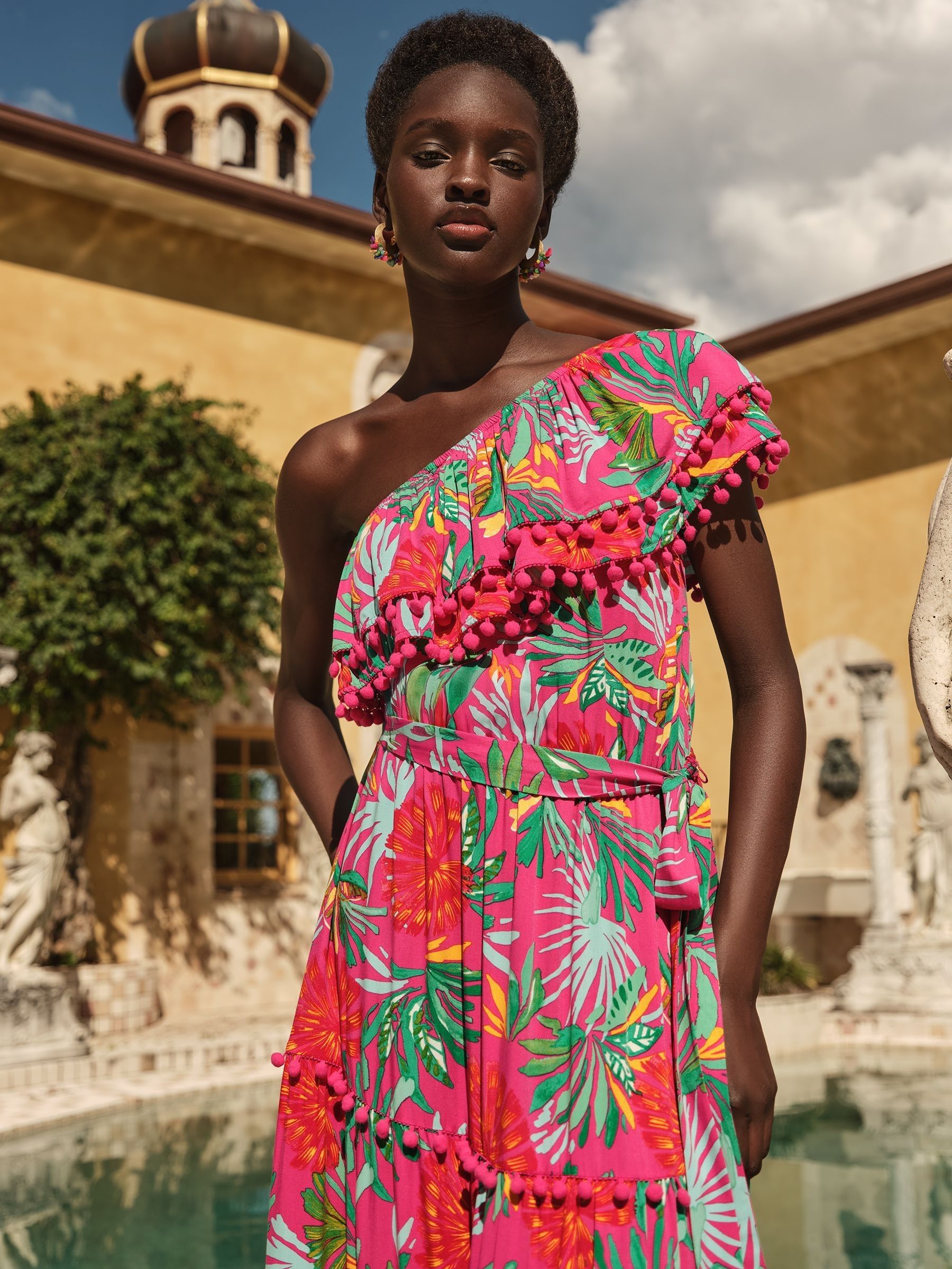 Buy Love & Roses Pink Tropical One Shoulder Ruffle Midi