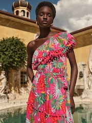 Love & Roses Pink Tropical One Shoulder Ruffle Midi Dress - Image 3 of 4