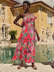 Love & Roses Pink Tropical One Shoulder Ruffle Midi Dress - Image 4 of 4