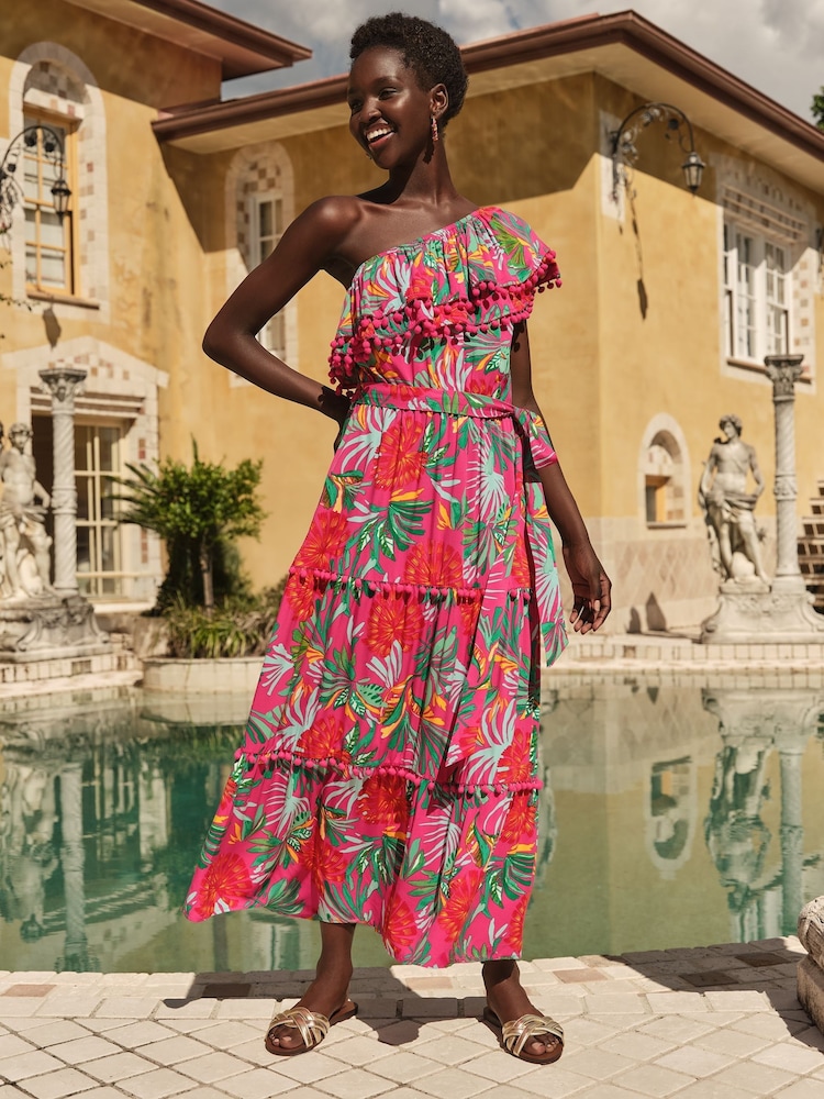 Love & Roses Pink Tropical One Shoulder Ruffle Midi Dress - Image 4 of 4
