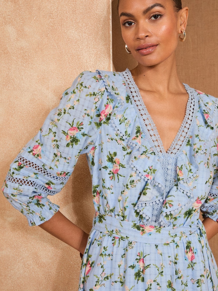 Love & Roses Blue Floral Boho Ruffle Lace Trim 3/4 Sleeve Mini Dress - Image 2 of 4 Love & Roses Blue Floral Boho Ruffle Lace Trim 3/4 Sleeve Mini Dress - Image 2 of 4