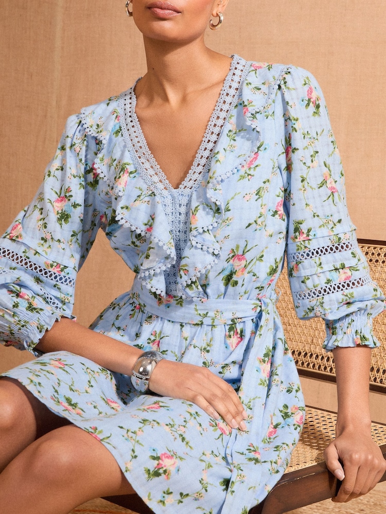 Zwart bloemenprint - Love & Roses Boho Ruffle Lace Trim 3/4 Sleeve Mini Dress - Image 3 of 4