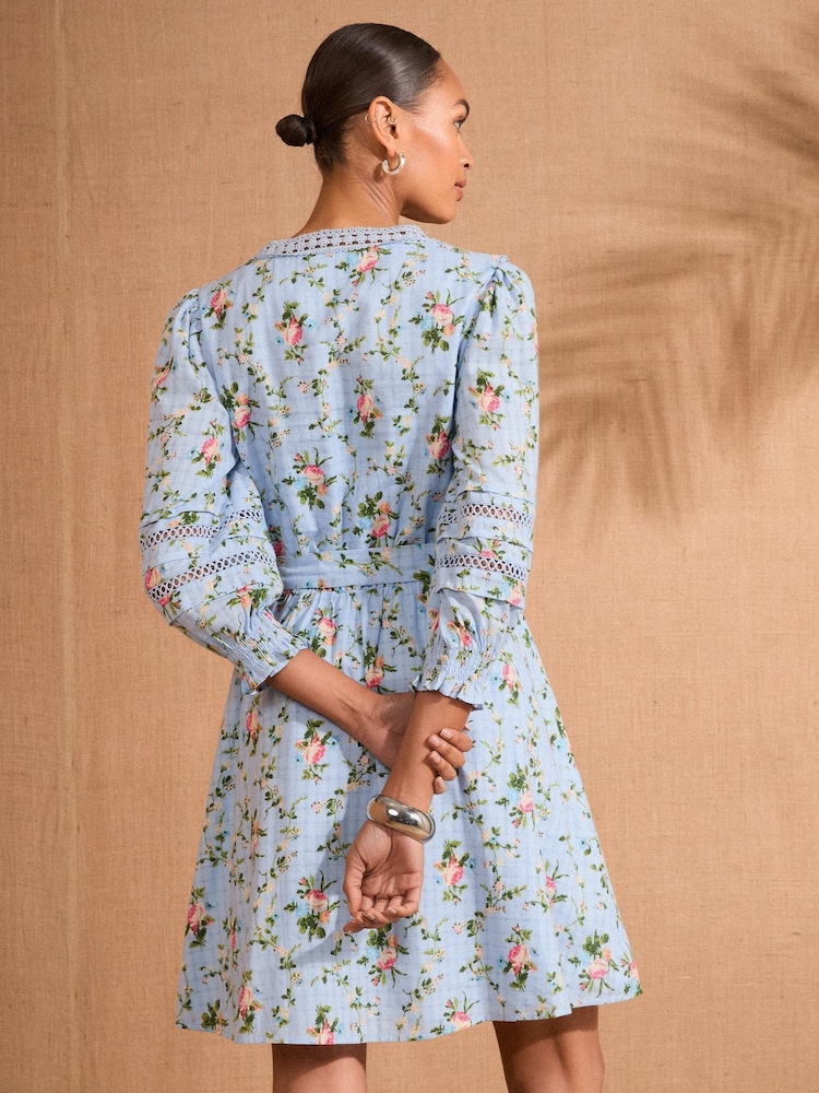 Love & Roses Blue Floral Boho Ruffle Lace Trim 3/4 Sleeve Mini Dress - Image 4 of 4 Love & Roses Blue Floral Boho Ruffle Lace Trim 3/4 Sleeve Mini Dress - Image 4 of 4