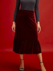 Finery Maroon Red Joline Velvet Tiered Midi Skirt - Image 1 of 5