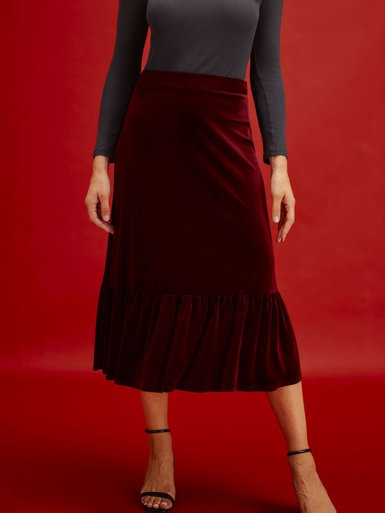 Finery Maroon Red Joline Velvet Tiered Midi Skirt - Image 1 of 5 Finery Maroon Red Joline Velvet Tiered Midi Skirt - Image 1 of 5