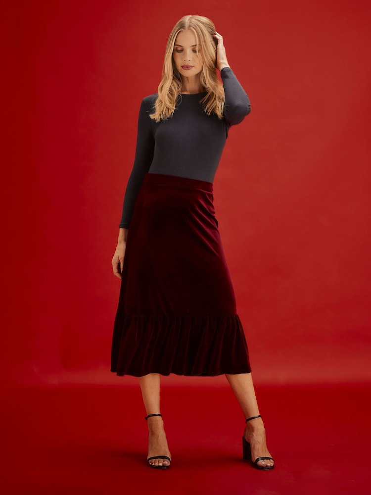 Finery Maroon Red Joline Velvet Tiered Midi Skirt - Image 2 of 5 Finery Maroon Red Joline Velvet Tiered Midi Skirt - Image 2 of 5