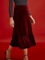 Finery Maroon Red Joline Velvet Tiered Midi Skirt - Image 3 of 5