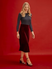 Finery Maroon Red Joline Velvet Tiered Midi Skirt - Image 4 of 5