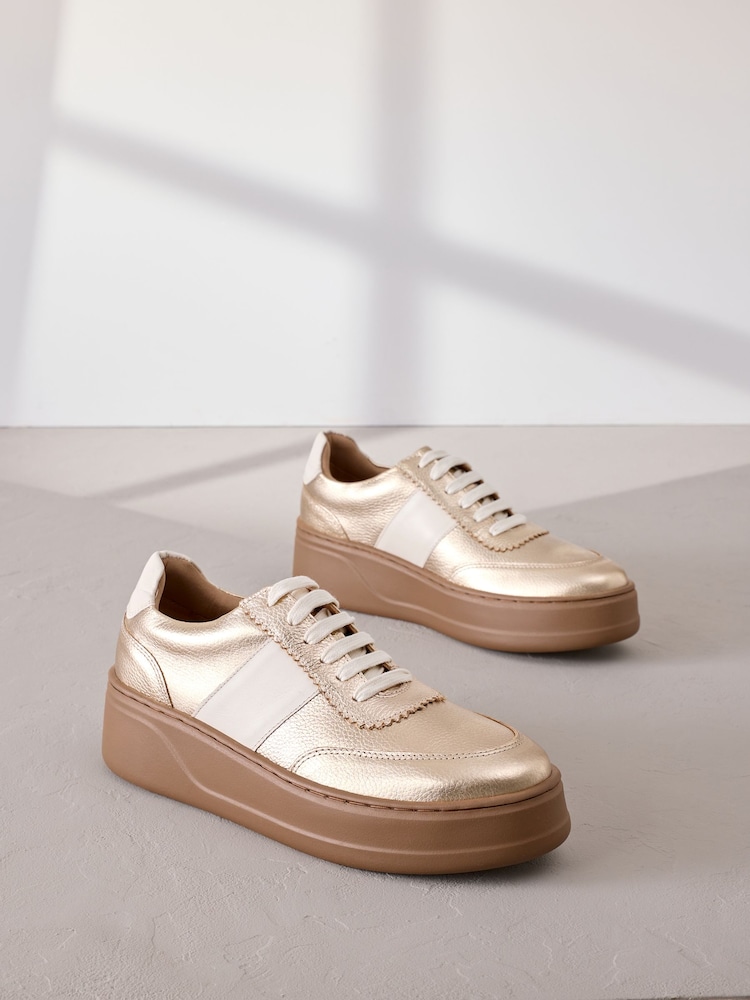 Gold Lace Up Signature Premium Leather Chunky Wedge Lace-Up Trainers - Image 2 of 7