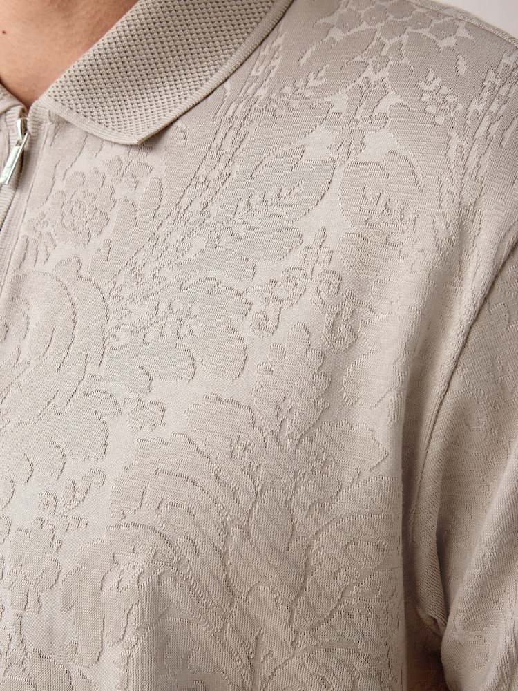 Neutral Floral Pattern Quarter Zip Polo Shirt - Image 5 of 5