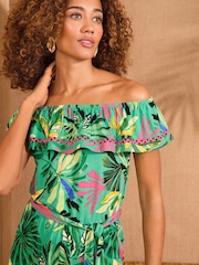 Love & Roses Green Tropical Print Bardot Jersey Playsuit - Image 2 of 4