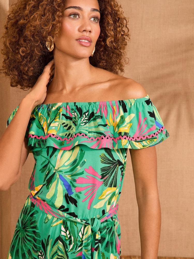 Love & Roses Green Tropical Print Bardot Jersey Playsuit - Image 2 of 4