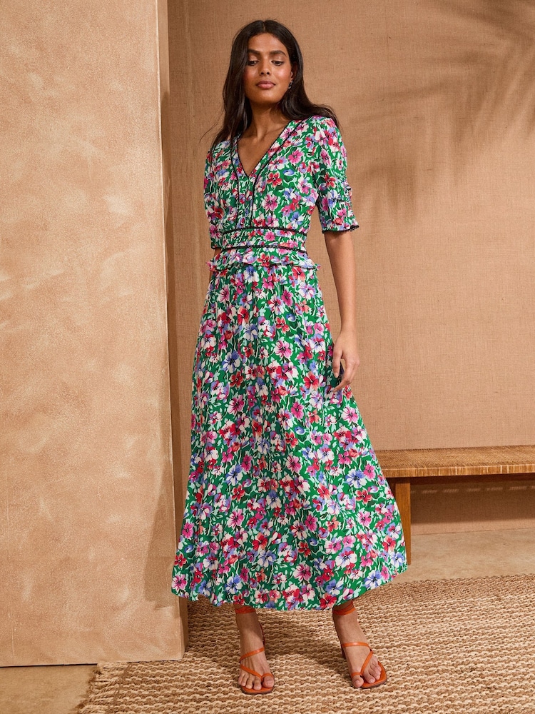 Green Floral - Love & Roses Peplum Tea Midi Dress - Image 1 of 4 Green Floral - Love & Roses Peplum Tea Midi Dress - Image 1 of 4