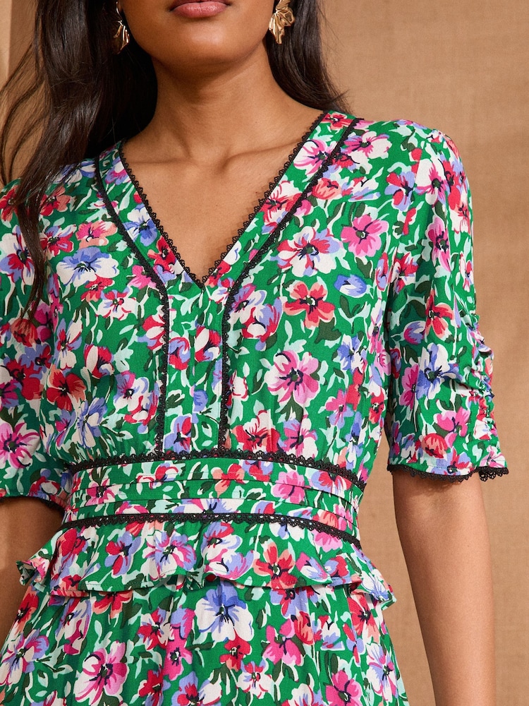Green Floral - Love & Roses Peplum Tea Midi Dress - Image 2 of 4 Green Floral - Love & Roses Peplum Tea Midi Dress - Image 2 of 4