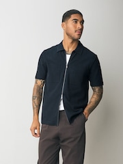 Navy Blue Textured Zip Through Polo Shirt - Image 1 of 7