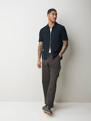 Navy Blue Textured Zip Through Polo Shirt - Image 2 of 7