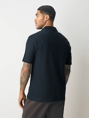 Navy Blue Textured Zip Through Polo Shirt - Image 3 of 7