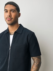 Navy Blue Textured Zip Through Polo Shirt - Image 4 of 7