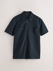 Navy Blue Textured Zip Through Polo Shirt - Image 5 of 7