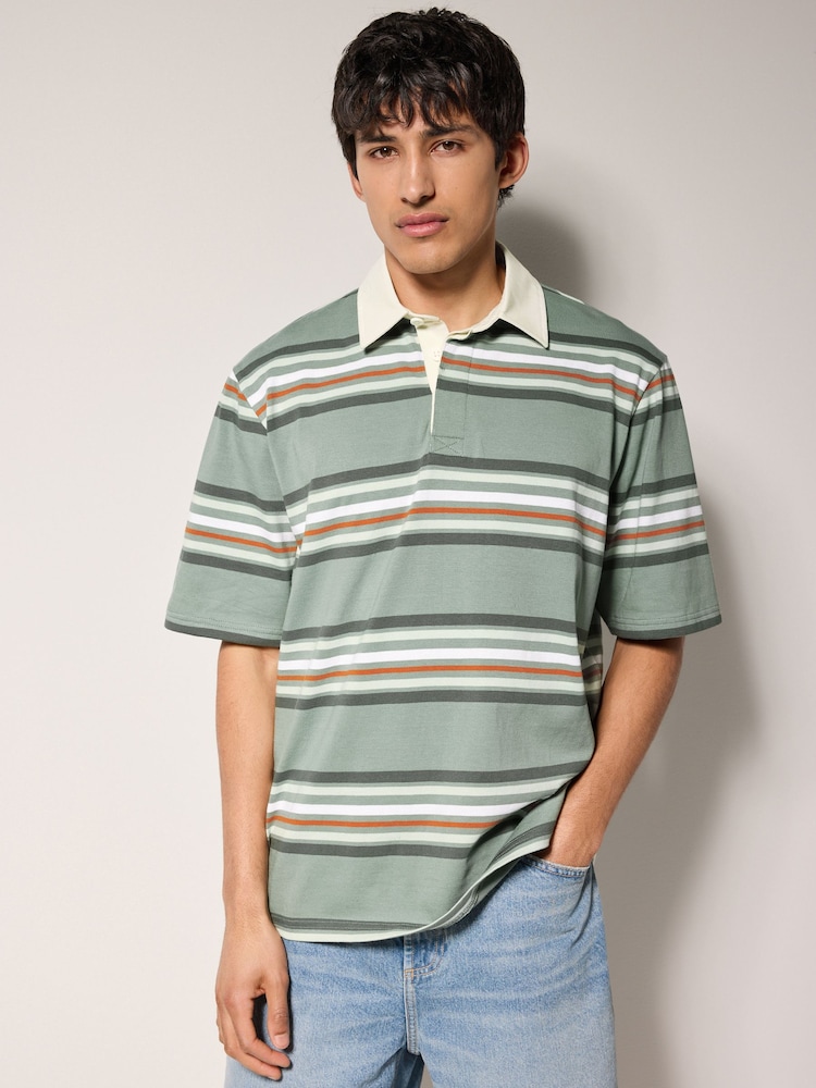 Verde - Short Sleeve Stripe Rugby 100% Cotton Shirt - Imagen 1 de 8
