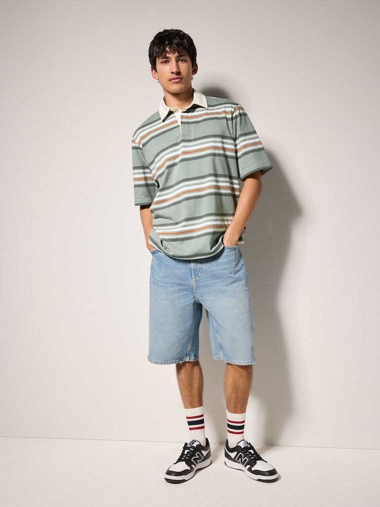 Verde - Short Sleeve Stripe Rugby 100% Cotton Shirt - Imagen 2 de 8
