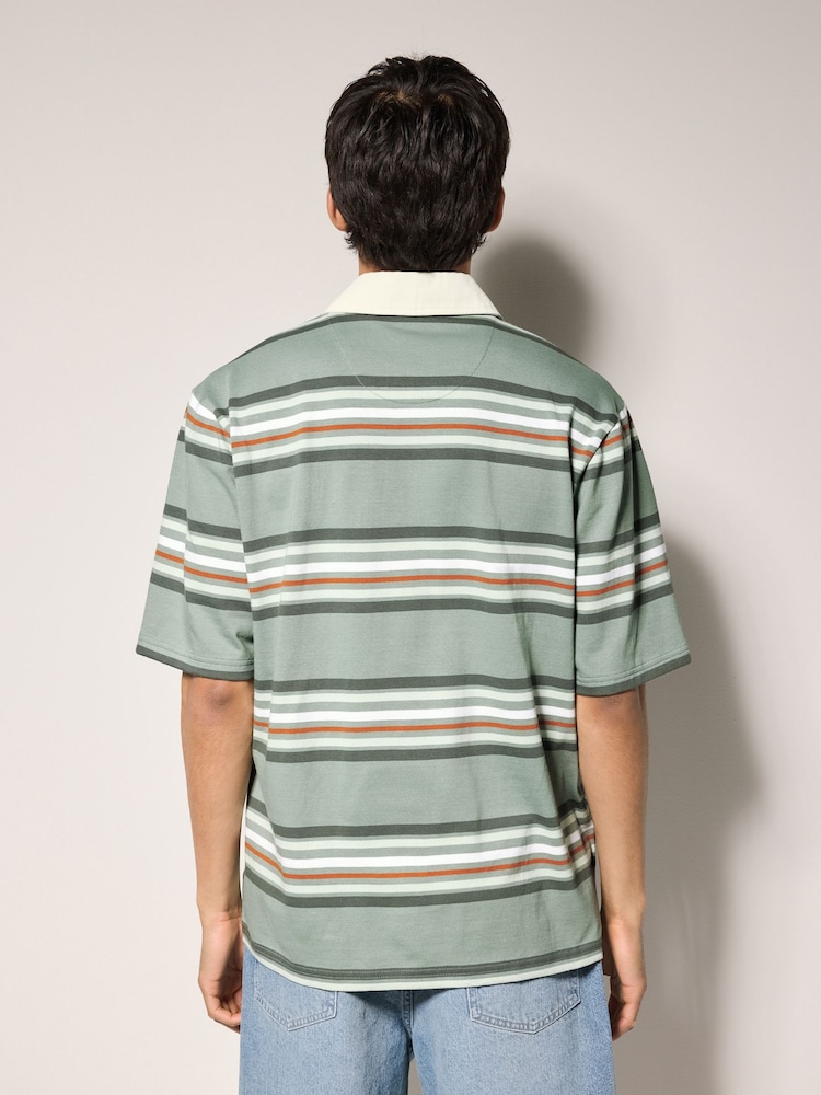 Green Short Sleeve Stripe Rugby 100% Cotton Shirt - Image 3 of 8