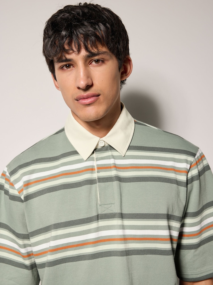 Green Short Sleeve Stripe Rugby 100% Cotton Shirt - Image 4 of 8