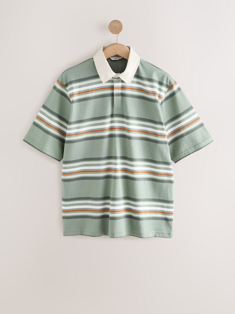 Green Short Sleeve Stripe Rugby 100% Cotton Shirt - Image 6 of 8