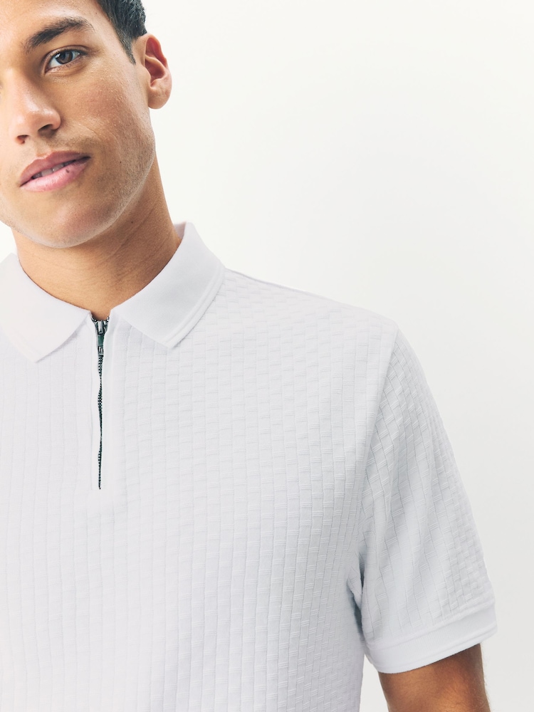 White Textured Zip Neck Polo Shirt - Image 4 of 7