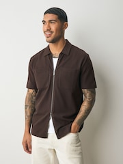 Brown Textured Zip Through Polo Shirt - Image 1 of 7