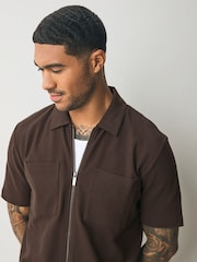 Brown Textured Zip Through Polo Shirt - Image 4 of 7