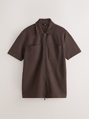 Brown Textured Zip Through Polo Shirt - Image 5 of 7
