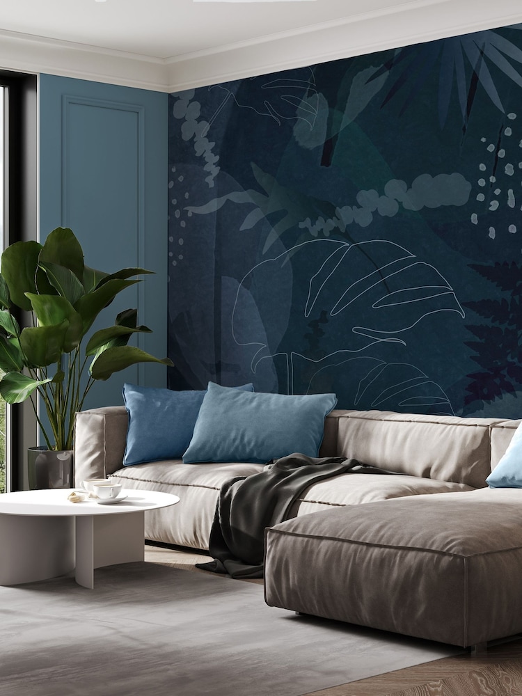 Art For The Home Navy Abstract Leaf Fixed Size 3M Mural - Image 1 of 5