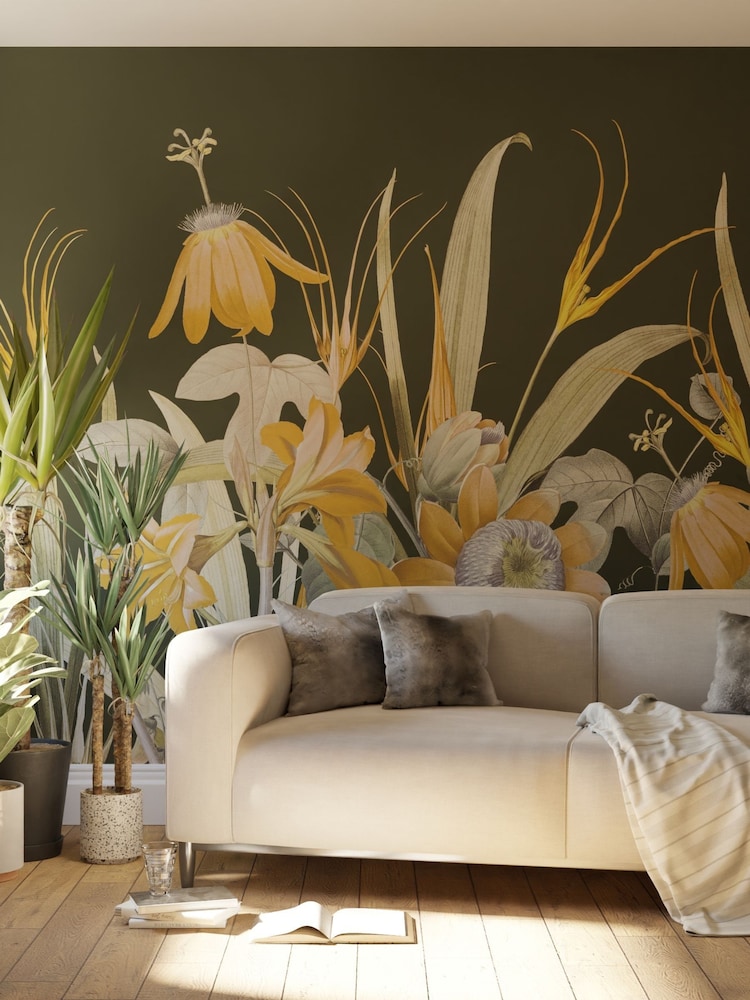 Art For The Home Green Ochre Flora Fixed Size 3M Mural - Image 1 of 2