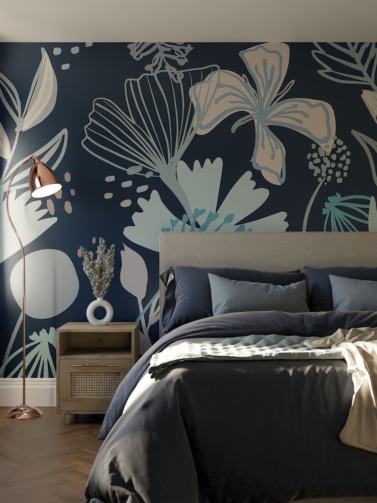 Art For The Home Navy Scandi Floral Fixed Size 3M Mural - Image 1 of 3