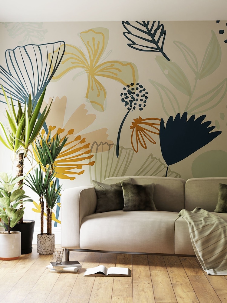 Art For The Home Pink Navy Scandi Floral Fixed Size 3M Mural - Image 1 of 3