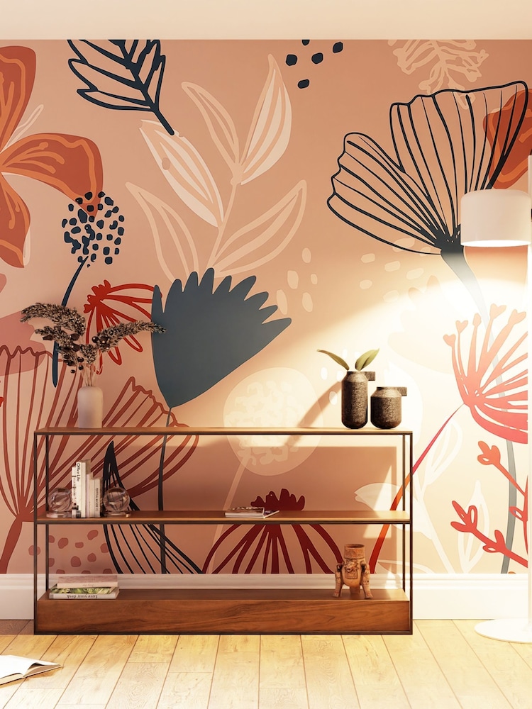 Art For The Home Dark Pink Scandi Floral Fixed Size 3M Mural - Image 1 of 3