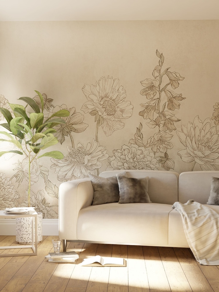Art For The Home Beige Muted Floral Fixed Size 3M Mural - Image 1 of 3 Art For The Home Beige Muted Floral Fixed Size 3M Mural - Image 1 of 3