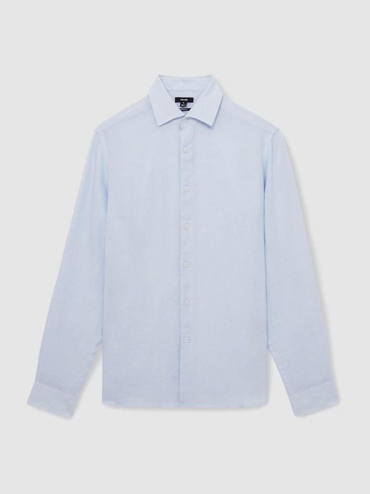 Reiss Pale Blue Ruban Linen Button-Through Shirt - Image 2 of 5 Reiss Pale Blue Ruban Linen Button-Through Shirt - Image 2 of 5