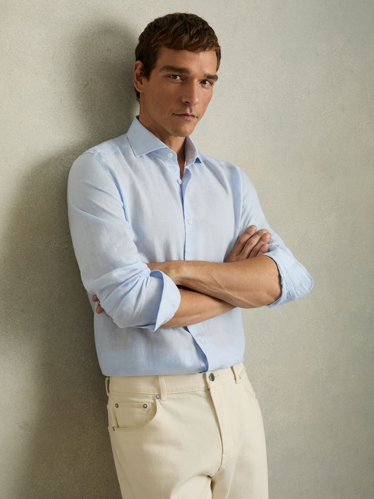 Reiss Pale Blue Ruban Linen Button-Through Shirt - Image 3 of 5