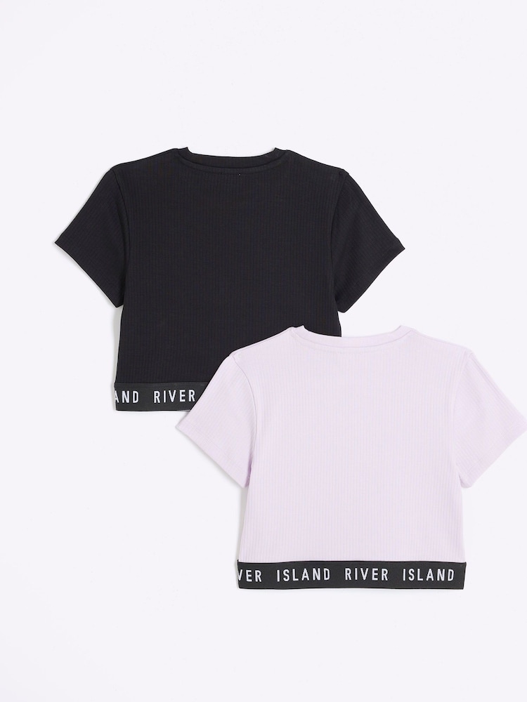 River Island Purple Girls Waist Band T-Shirts 2 Pack - Image 2 of 3 River Island Purple Girls Waist Band T-Shirts 2 Pack - Image 2 of 3