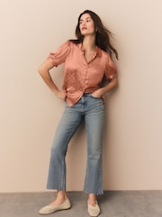 Бледно-розовый - Jacquard Peter Pan Collar Puff Sleeve Satin Blouse - Image 2 of 8