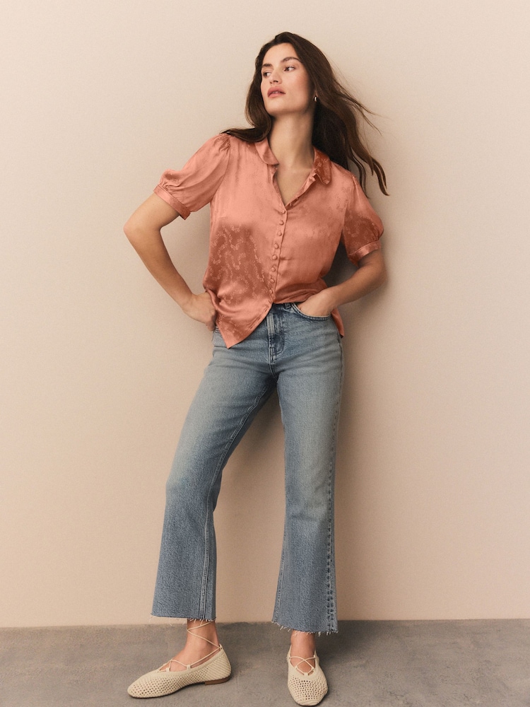 Бледно-розовый - Jacquard Peter Pan Collar Puff Sleeve Satin Blouse - Image 2 of 8