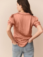 Бледно-розовый - Jacquard Peter Pan Collar Puff Sleeve Satin Blouse - Image 3 of 8
